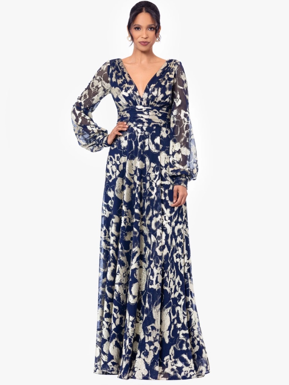 Betsy & Adam Floral Metallic Long Sleeve A-Line Gown